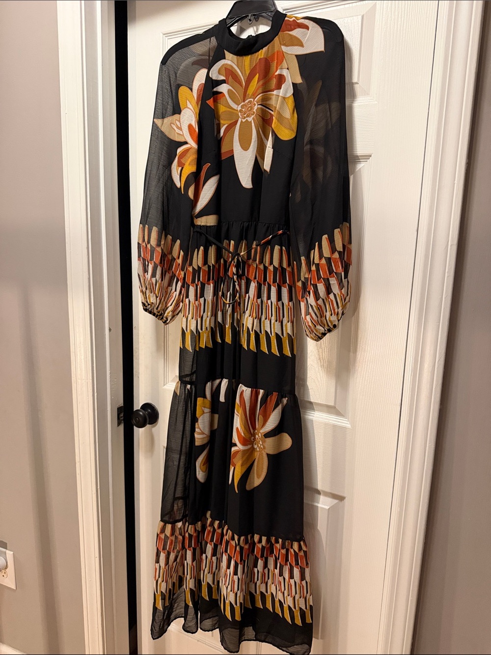 Black Floral Long Sleeve Maxi Dress with Rust and Mustard Accents